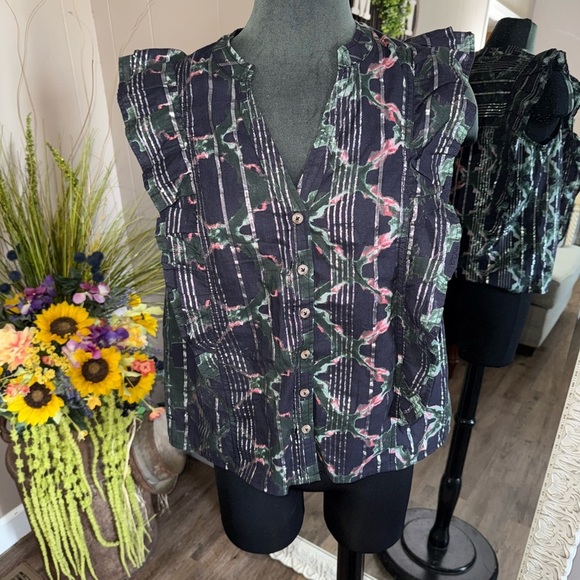 Anthropologie • Pilcro • Black Motif Ruffle Sleeve Button Up Blouse - Picture 3 of 12